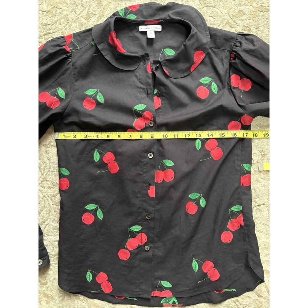 Danielle Fichera Cherry Print Button Down Shirt Black Red Long Sleeve XS Cotton - Picture 5 of 8
